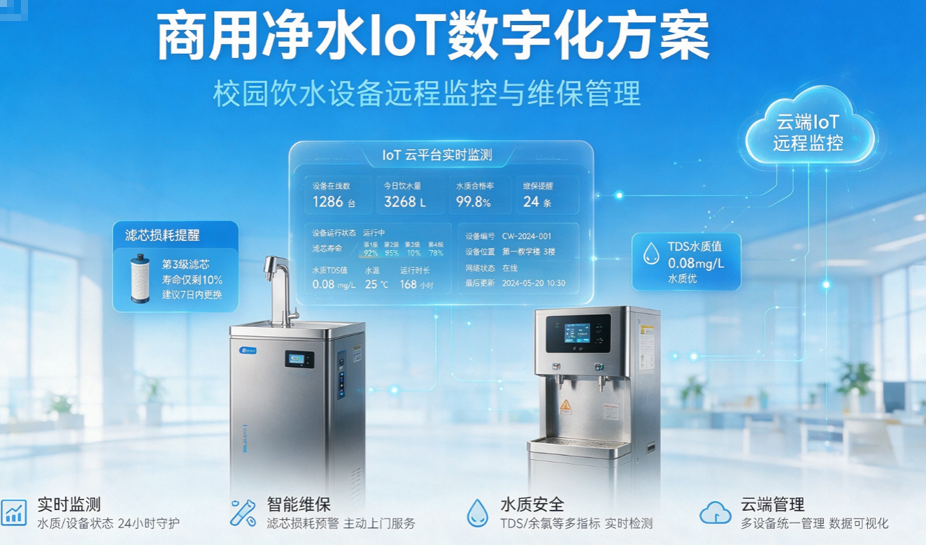 商用净水行业数字化解决方案落地，校园饮水机IOT管控